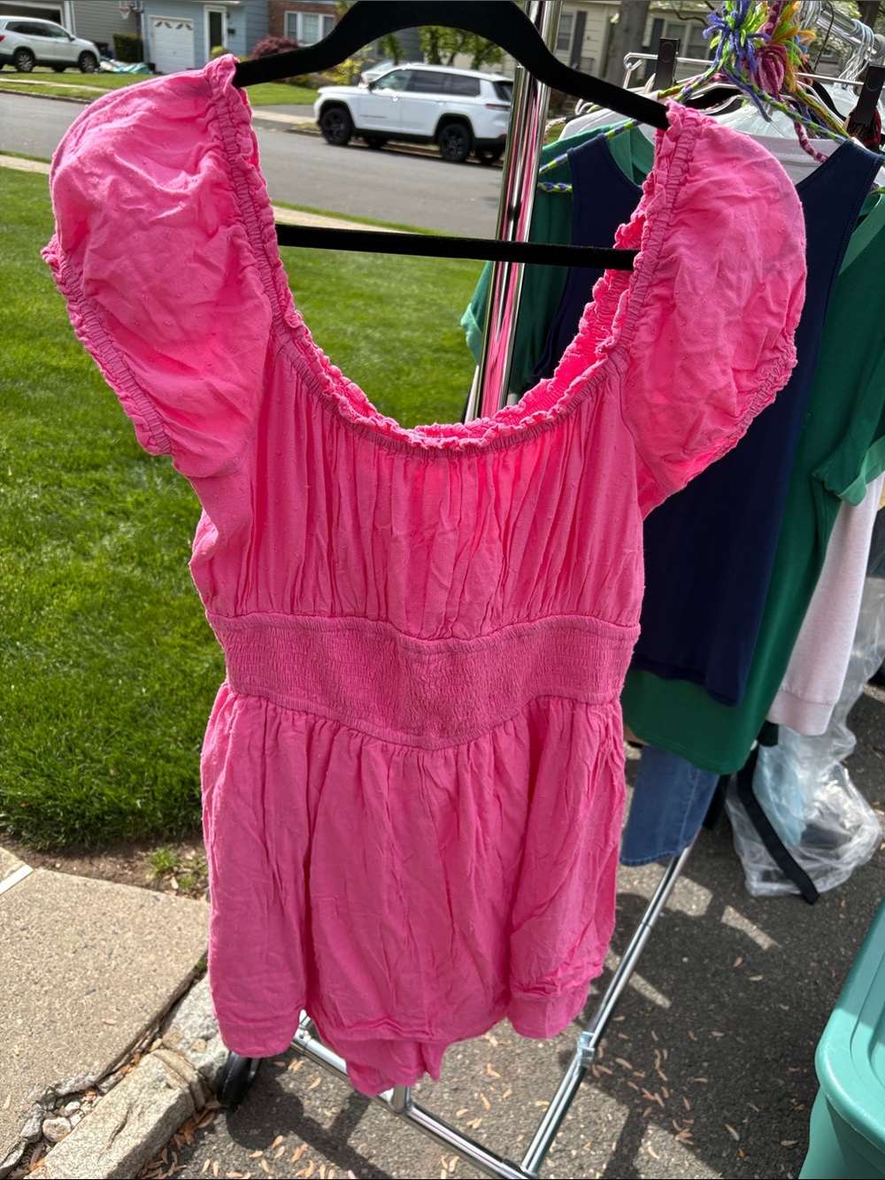 Pink Puff-Sleeve Smocked Waist Women's Romper